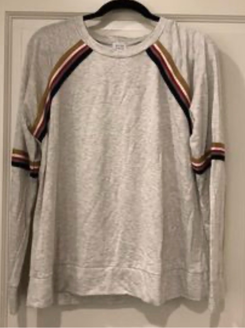 Light Gray Crewneck Sweatshirt with Multicolor Raglan Stripes